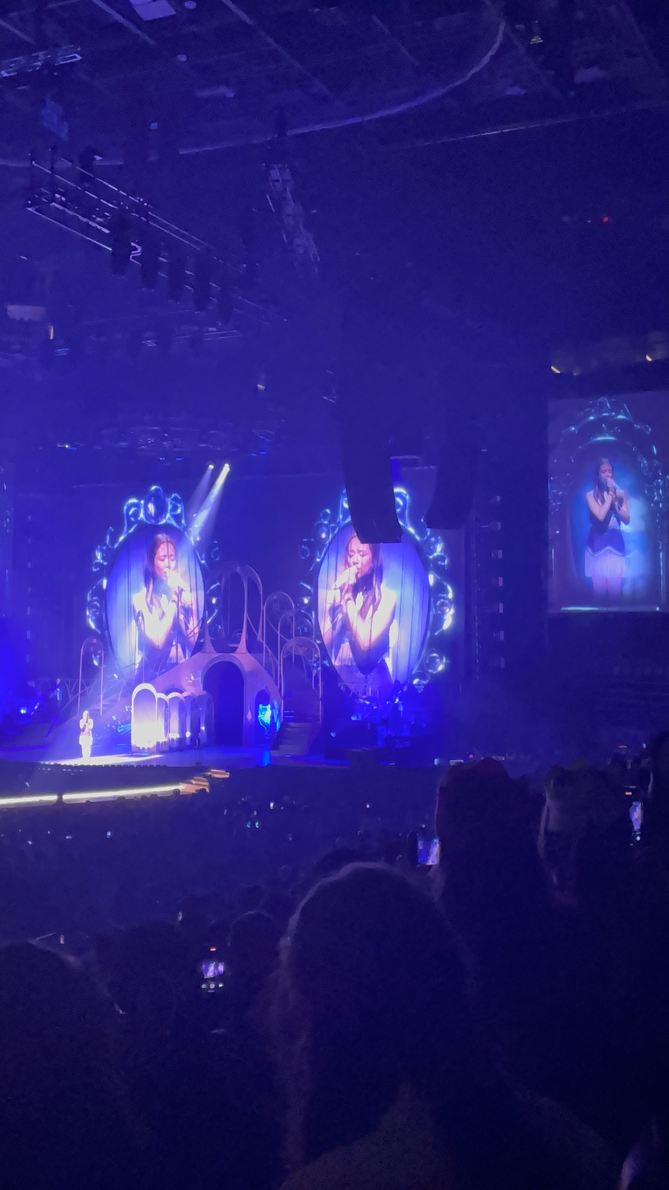 View from the crowd at a concert with bright stage lights and the performer on screen.